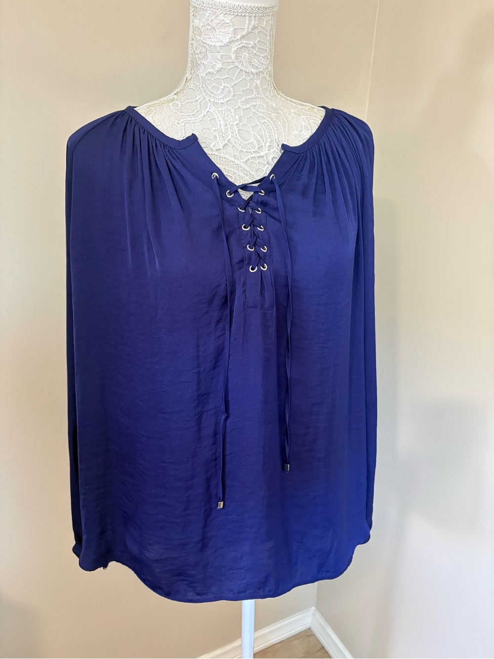 Jennifer Lopez XL Navy Lace-Up Peasant Blouse Boho Long Sleeve Top